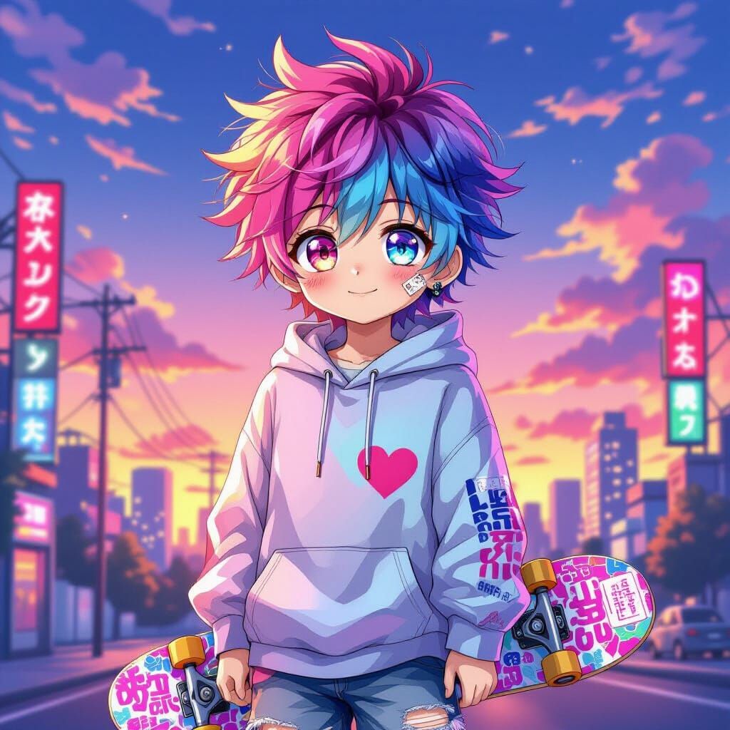 Anime Skater Boy with Sunset Cityscape