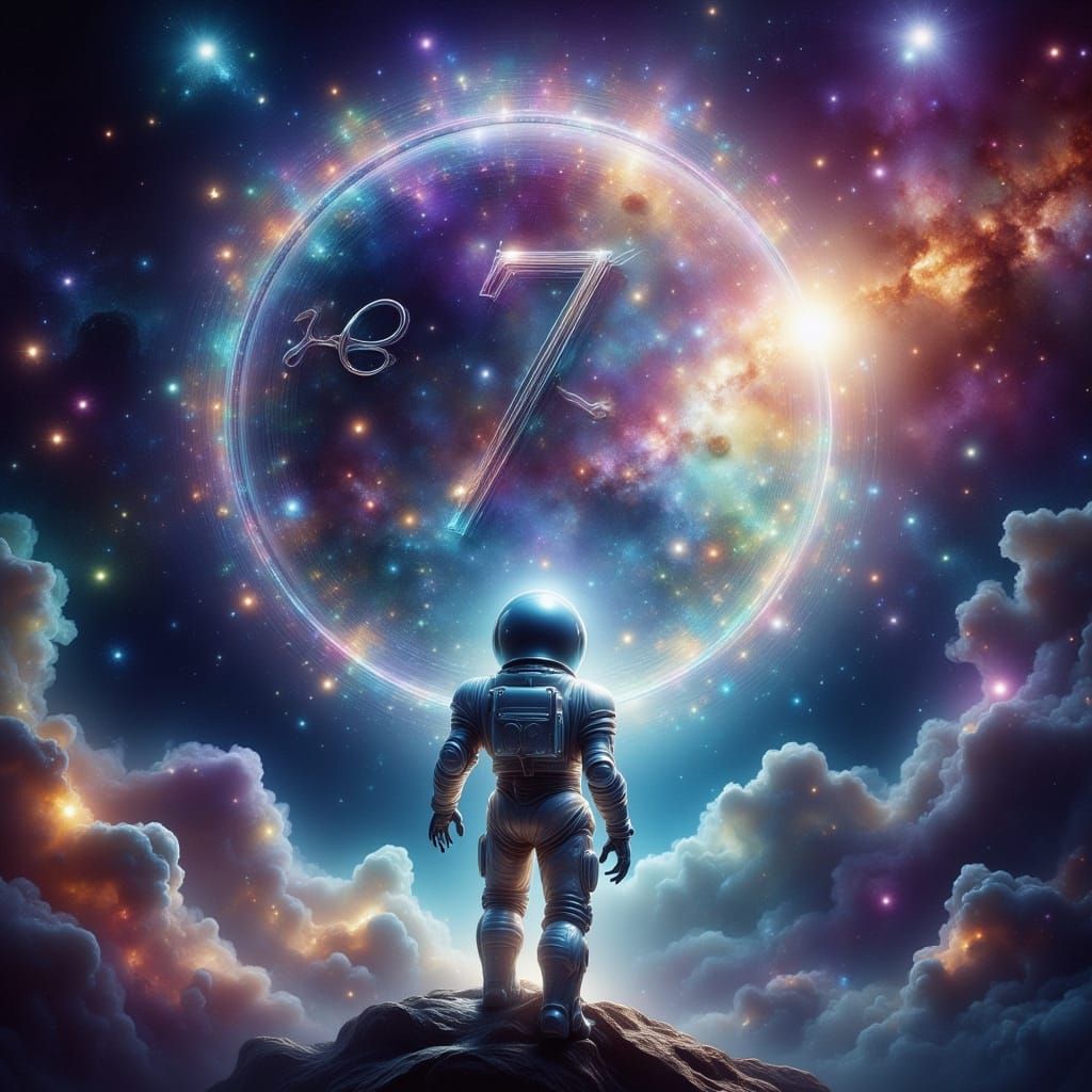 Astronaut Adrift in Cosmic Nebula with Giant Clock