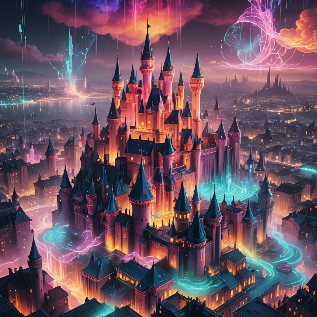 Glowing Holographic Castles in Neon Noir Cityscape