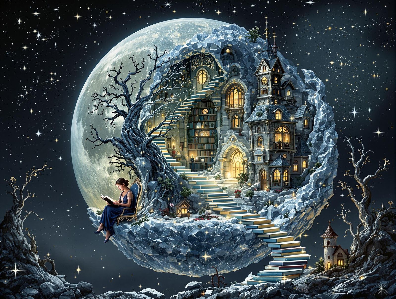 Lunar Bookstore in a Dreamlike Setting