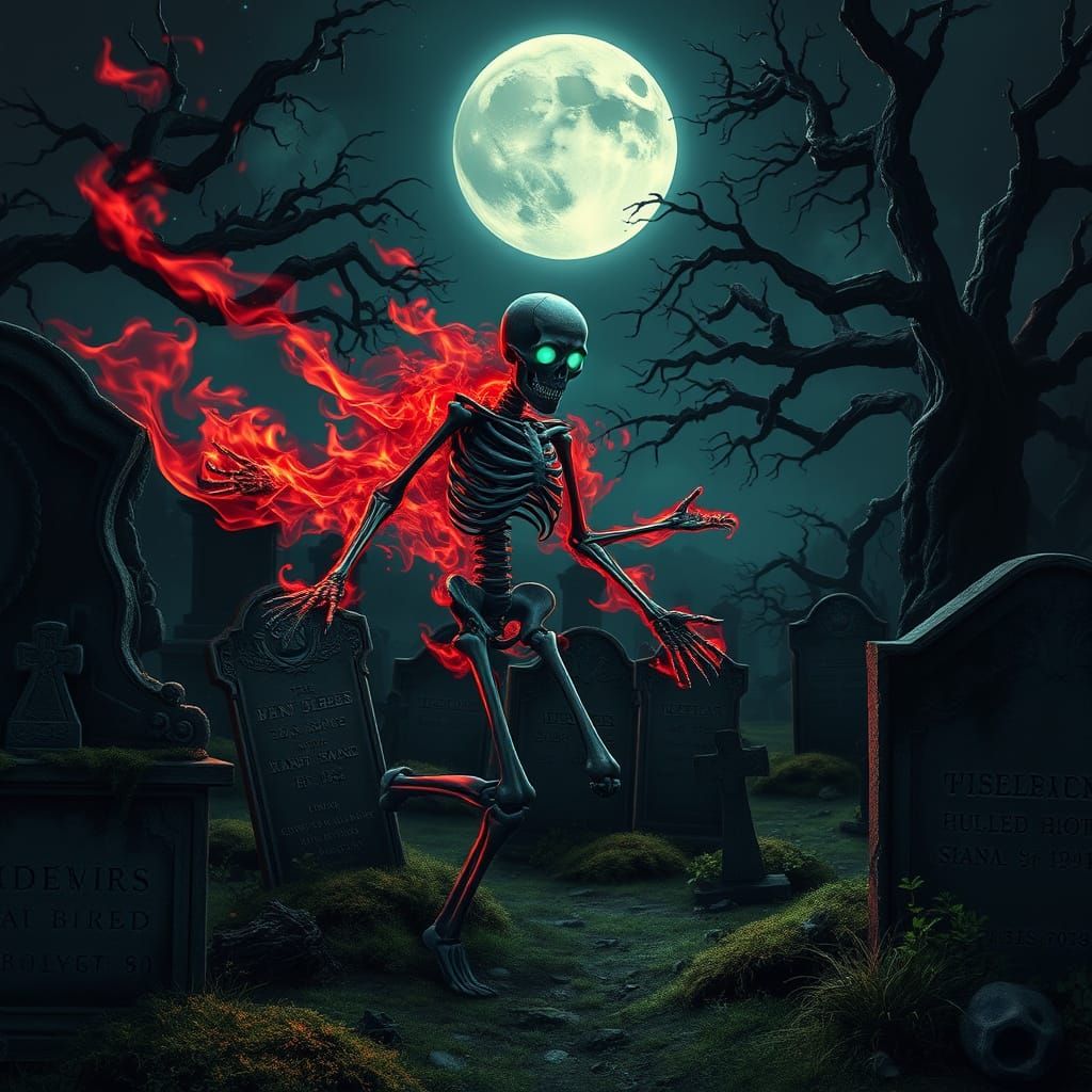 Surreal Gothic Graveyard Scene with Flaming Skeleton in Dark...