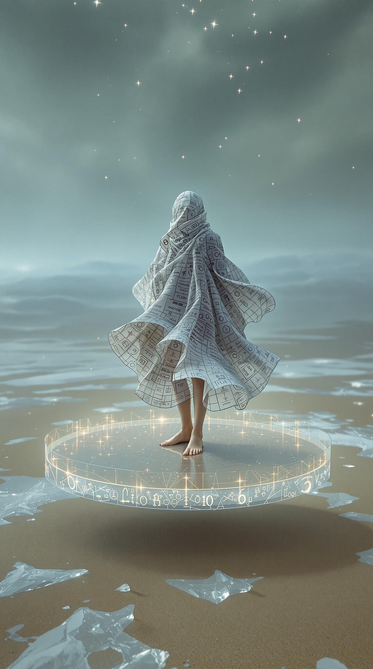 Surreal Figure Above Frozen Sand in Hyperrealistic Style