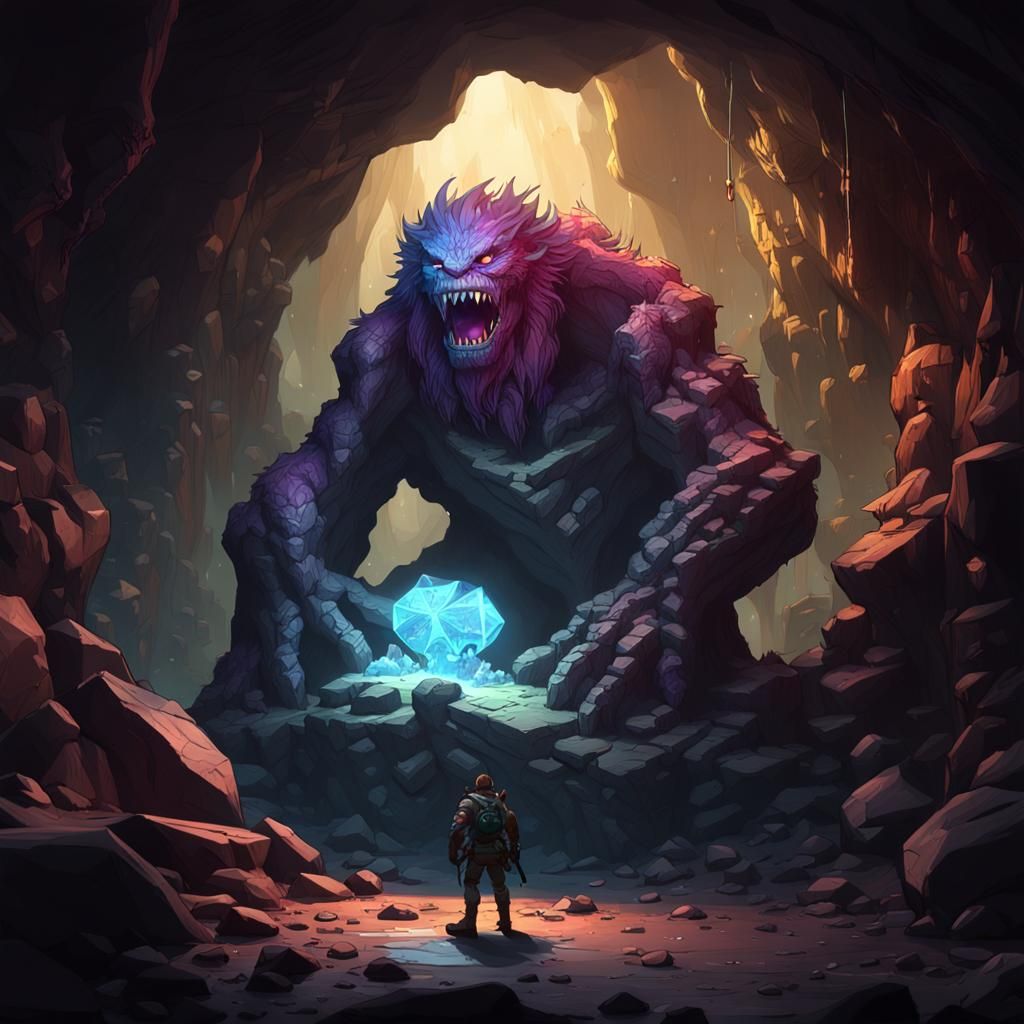 Gem Guarded by Rock Monster: Hyperdetailed Concept Art