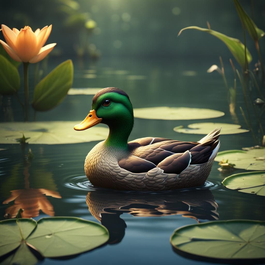 Cute Duck in Pond: Detailed Matte Painting