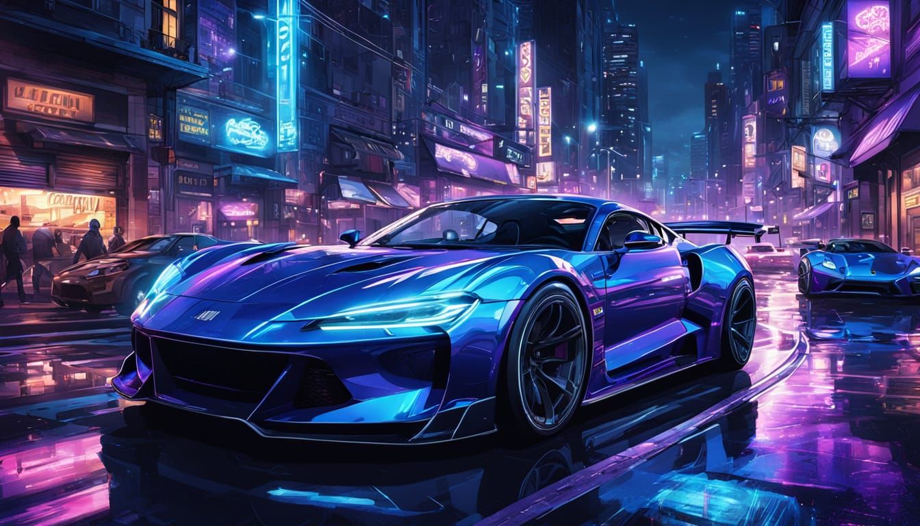 Blue Sports Car Races Through Neon City
