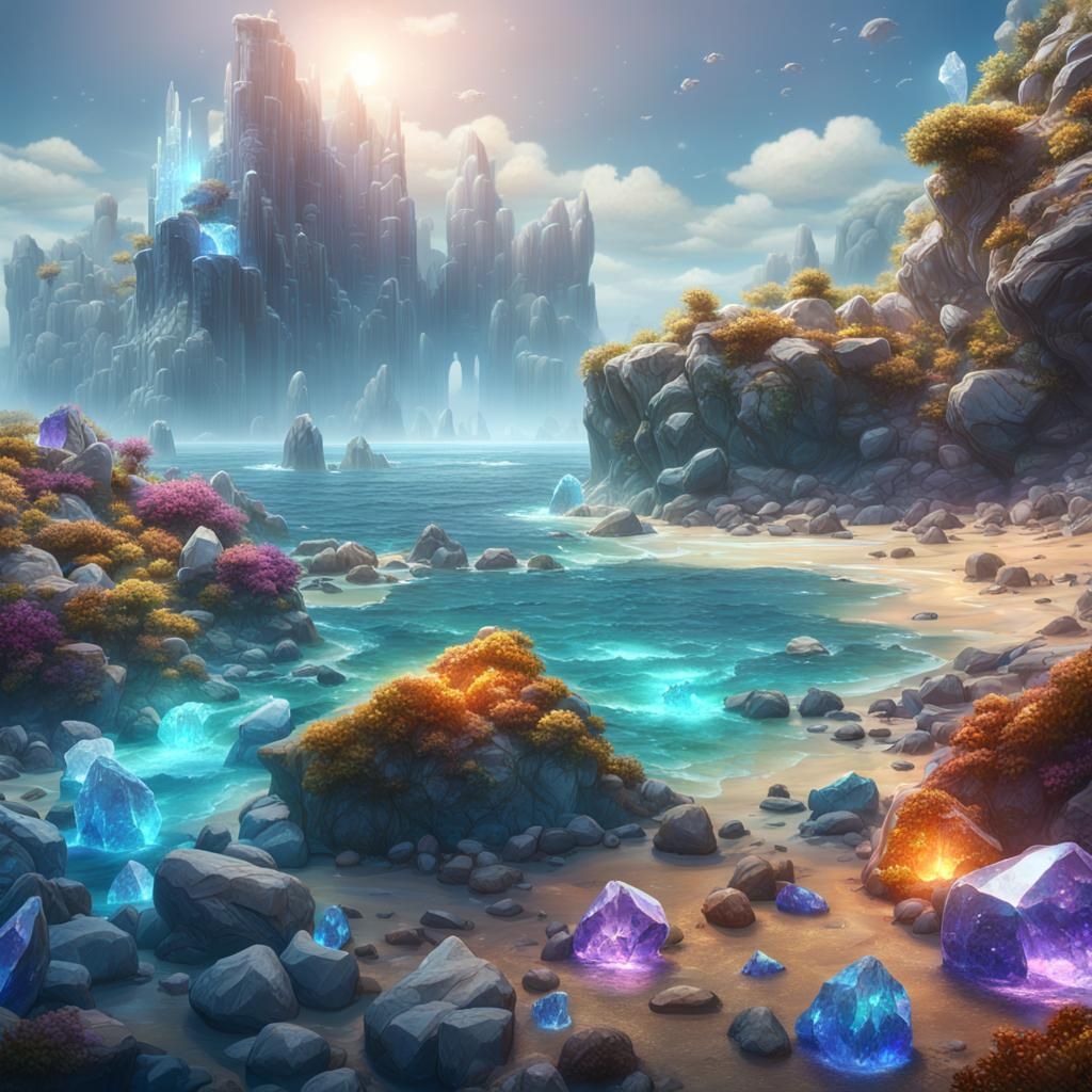 Colorful Crystal Seashore in Detailed Fantasy Art