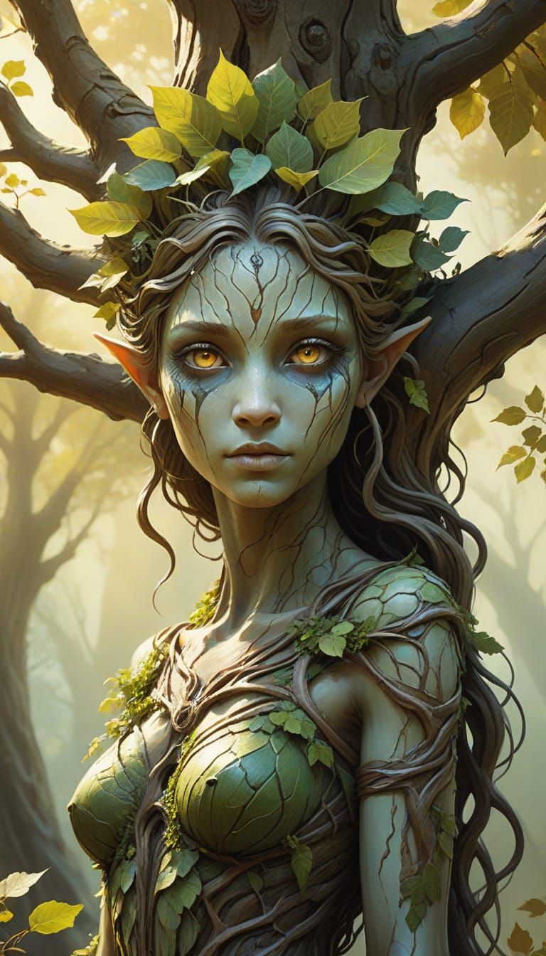Ethereal Tree Nymph in Vibrant Oil Painting
