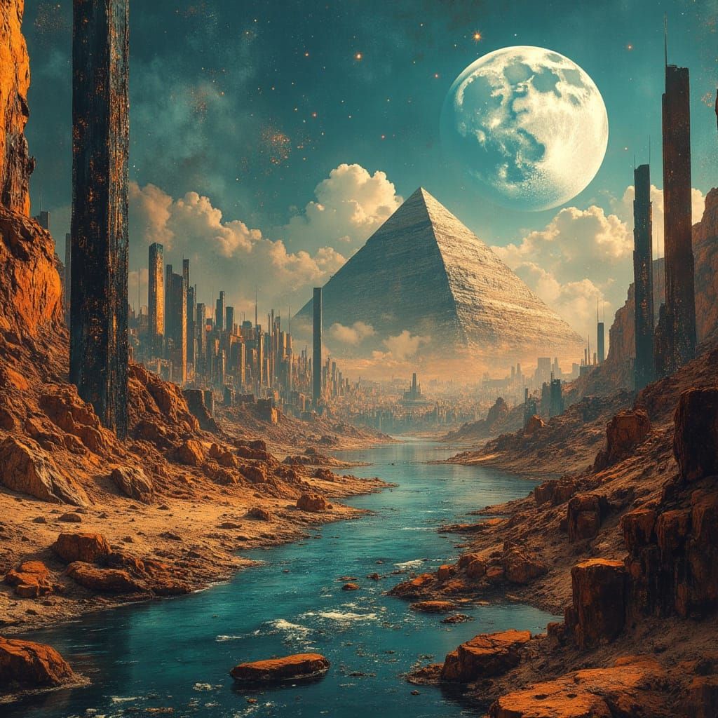 Afrofuturistic Cityscape with Egyptian & Cyberpunk Elements