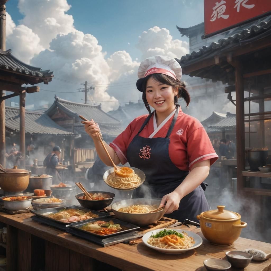 Large curvy Japanese street food Ramen cook, very jovial, ro...