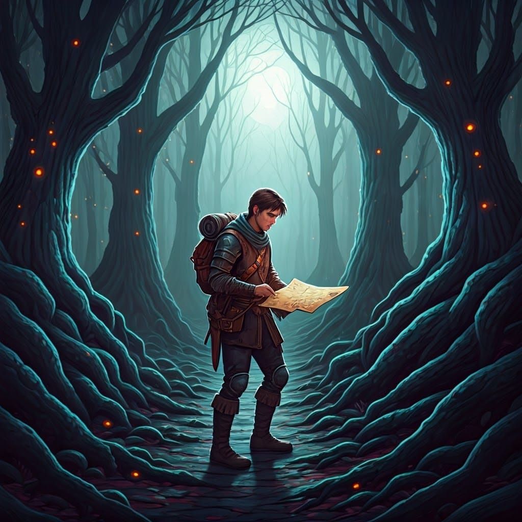 Mystical Moonlit Forest Adventure in Surreal Style