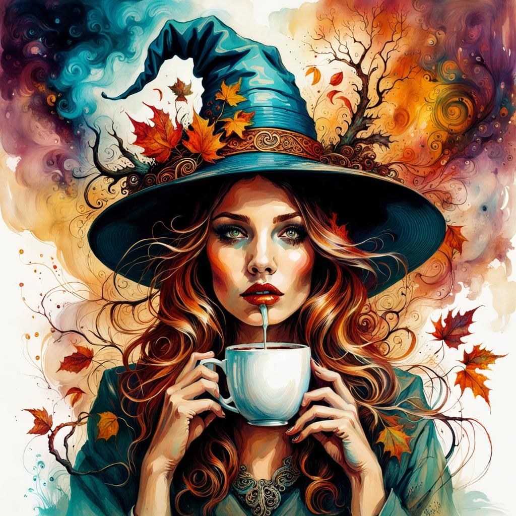Autumn Witch Coffee in Surrealist Dreamscape