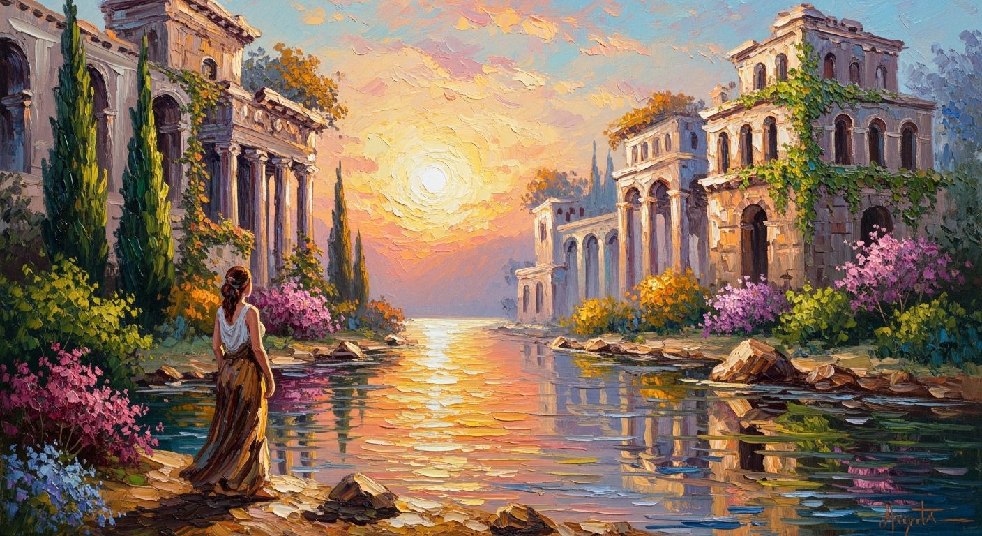 Ancient Harbor Sunset Painting with Impasto Brushstrokes