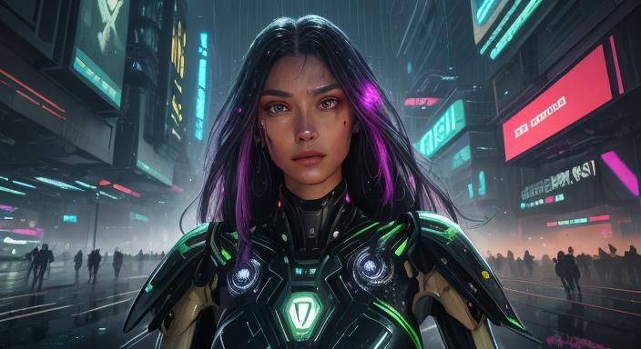 Surrealistic Futurism: Woman and Robots in Vibrant City