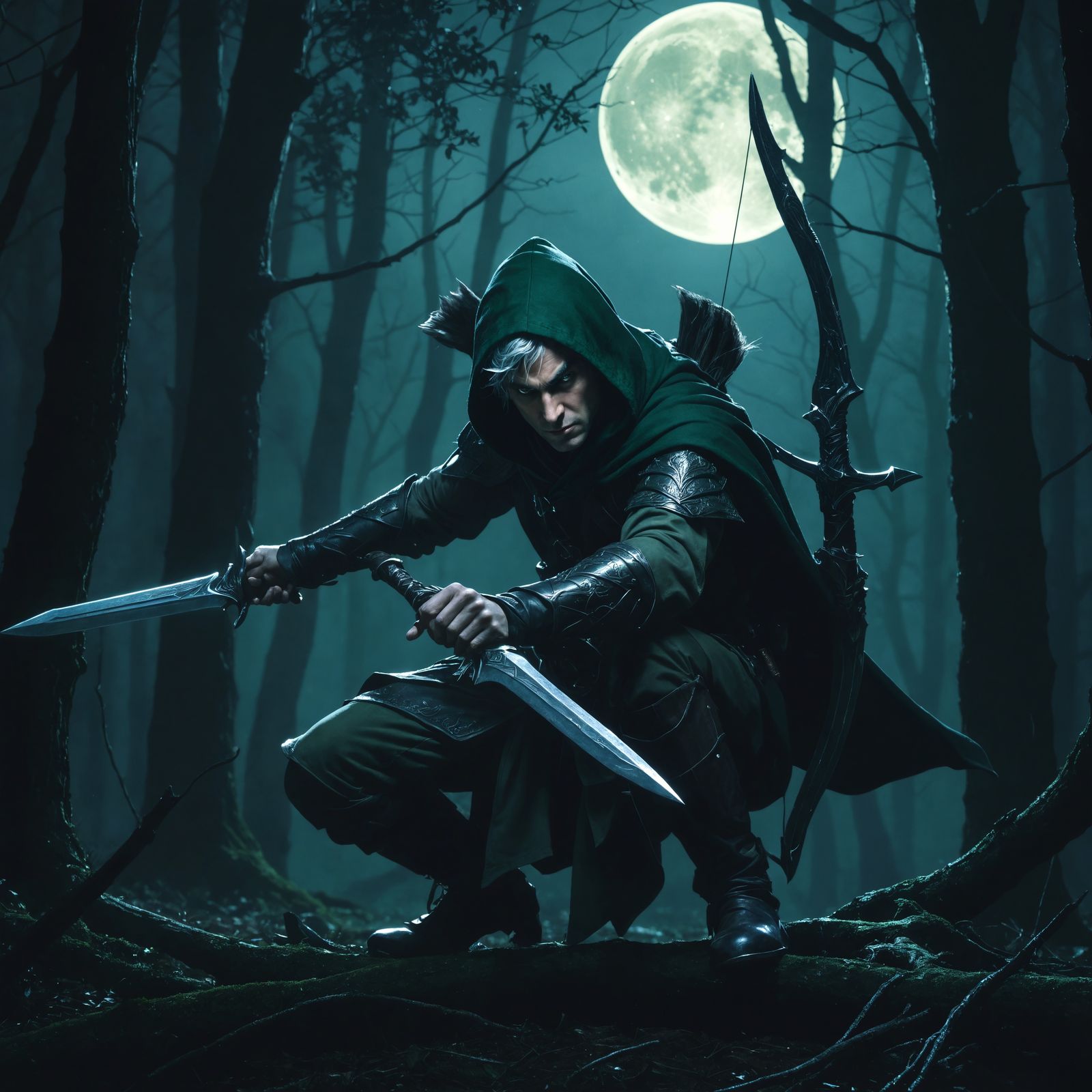 Moonlit Wood Elf Warrior in Stealthy Attack Pose