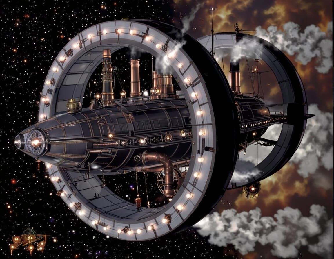 Colossal Steampunk Spaceship Soaring Through Nebula Galaxy