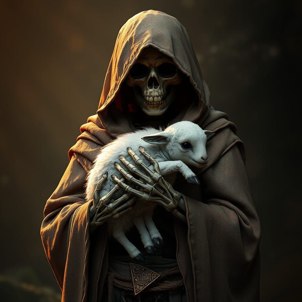 Rustic Skeleton with Lamb: Cinematic 3D Art