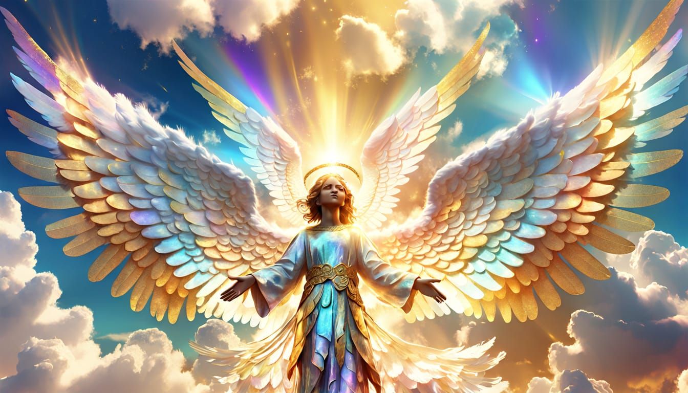 Vibrant Angels With Iridescent Wings on Clouds