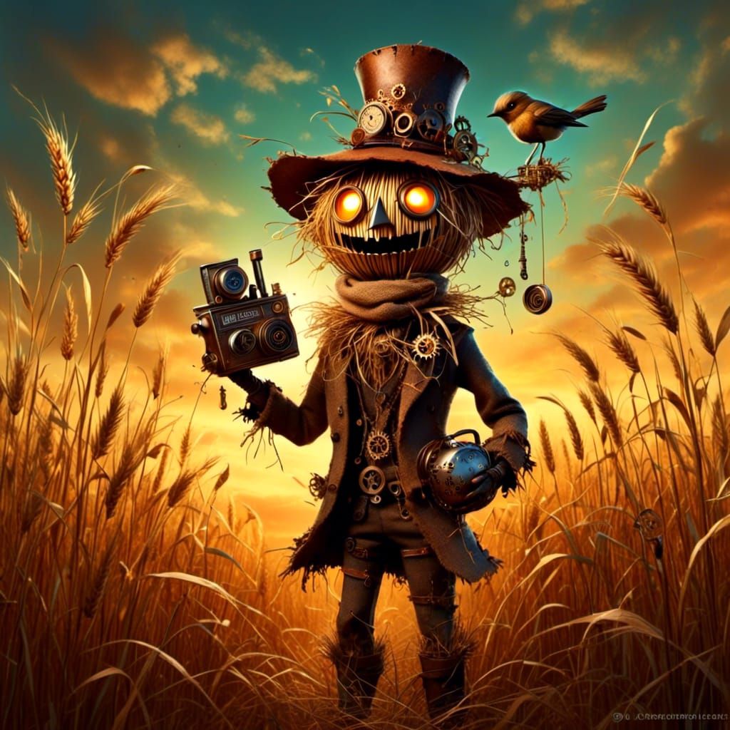 Steampunk Scarecrow Protects Wheatfield in Fantasy Art
