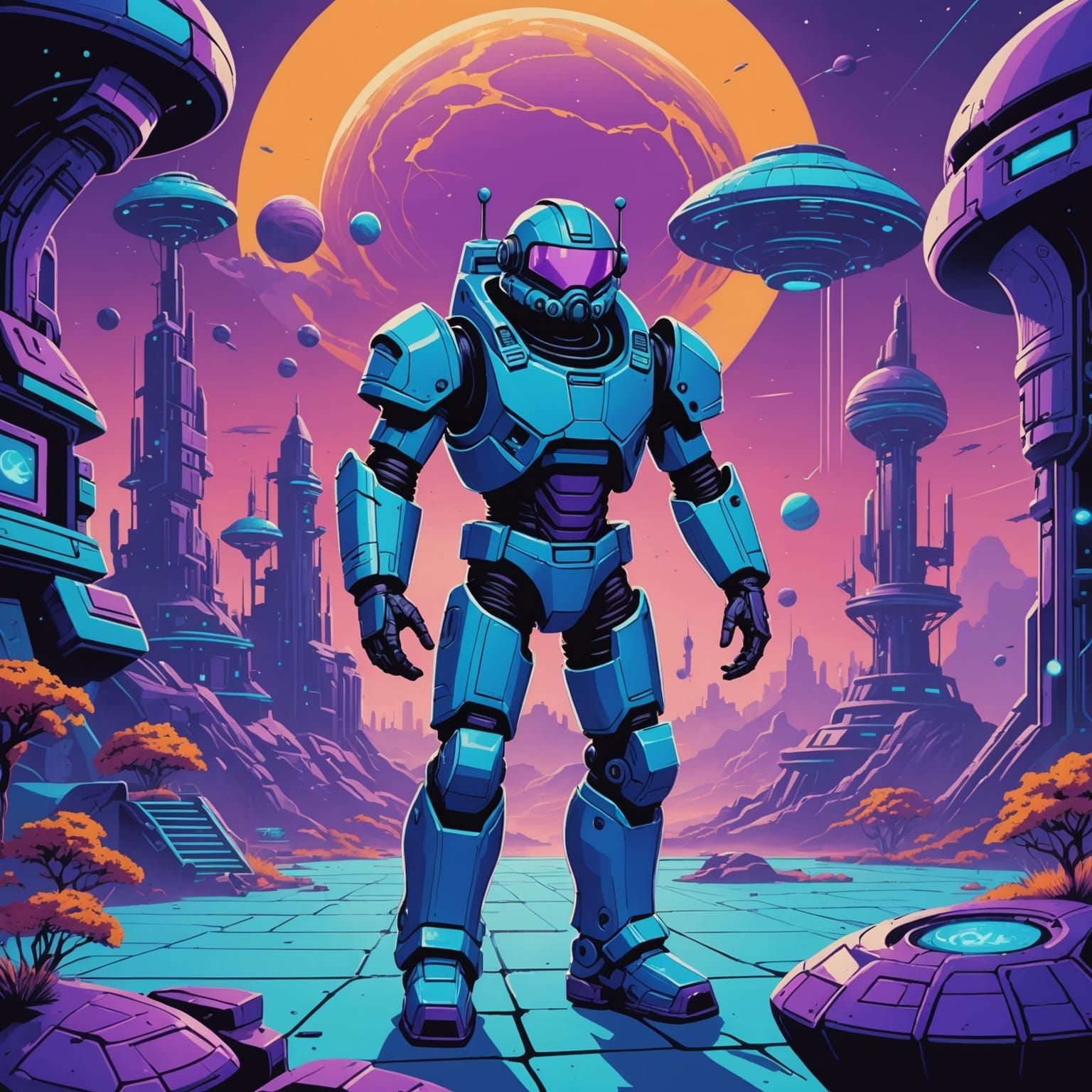 Retro Sci-Fi Fantasy Game Scene in Blue and Purple