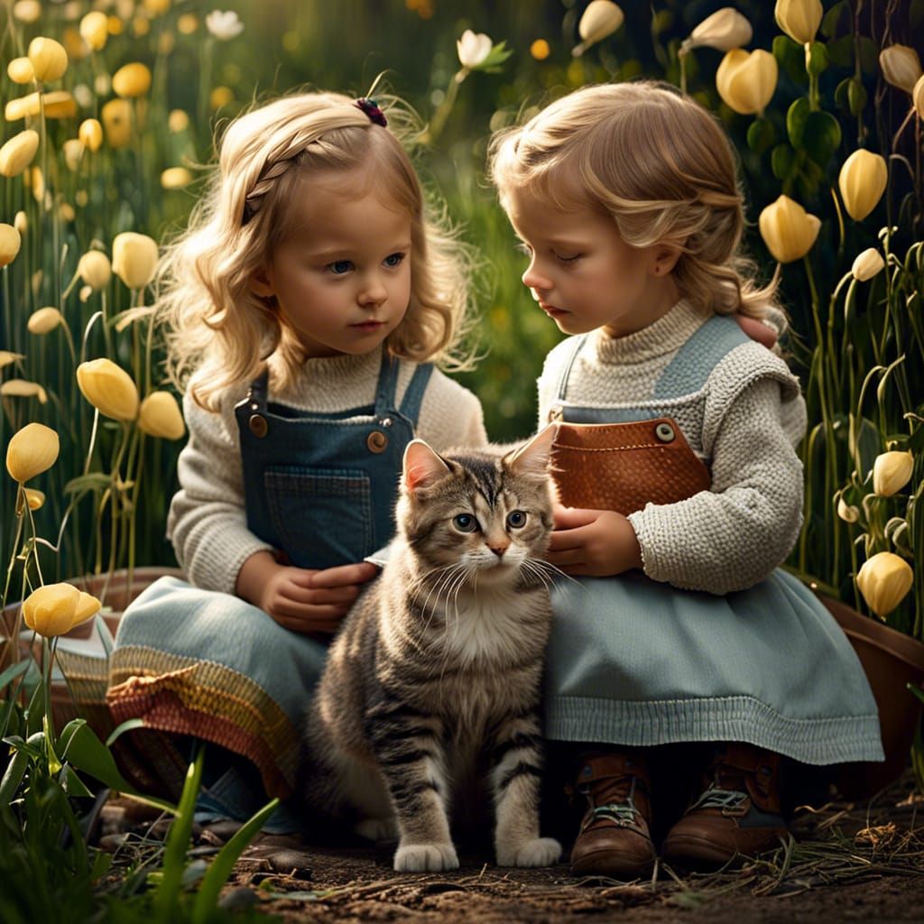 Charming Toddler Siblings and Cat in Garden