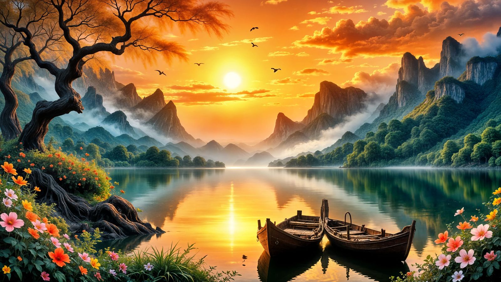 Tranquil Mountain Lake Sunset in East Asian Style