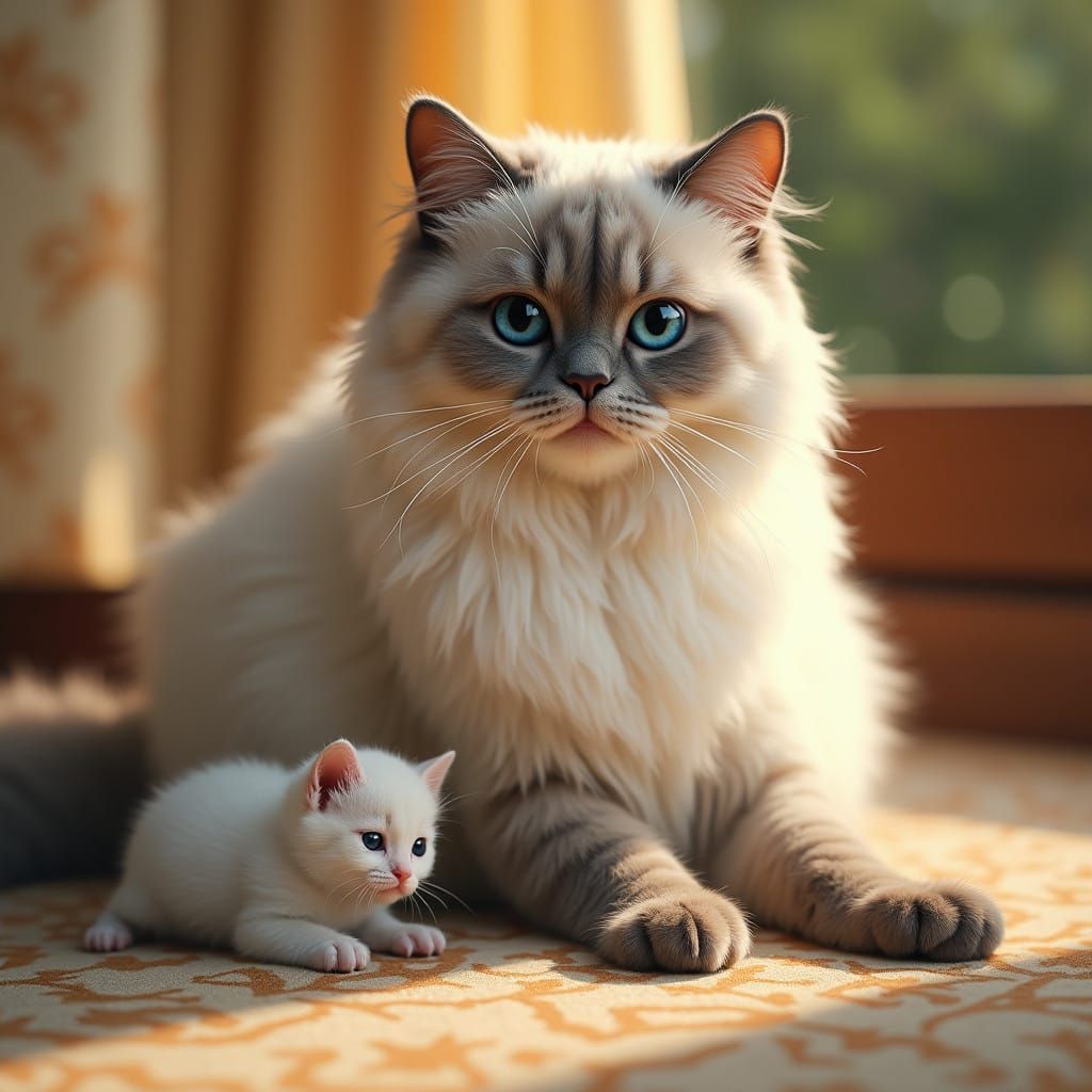 Majestic Mother Cat with Newborn Kitten in Serene Home Setti...