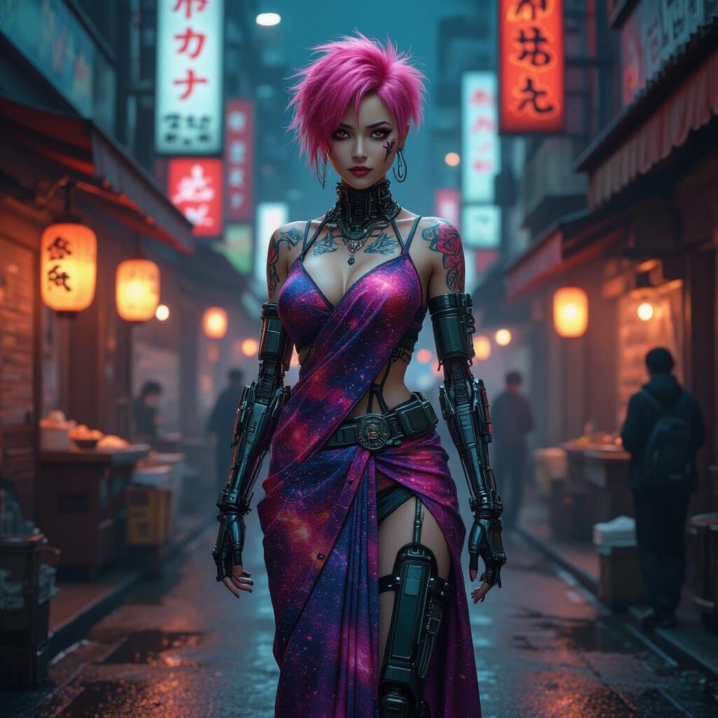 Cyberpunk Woman in Neon Tokyo Street Scene