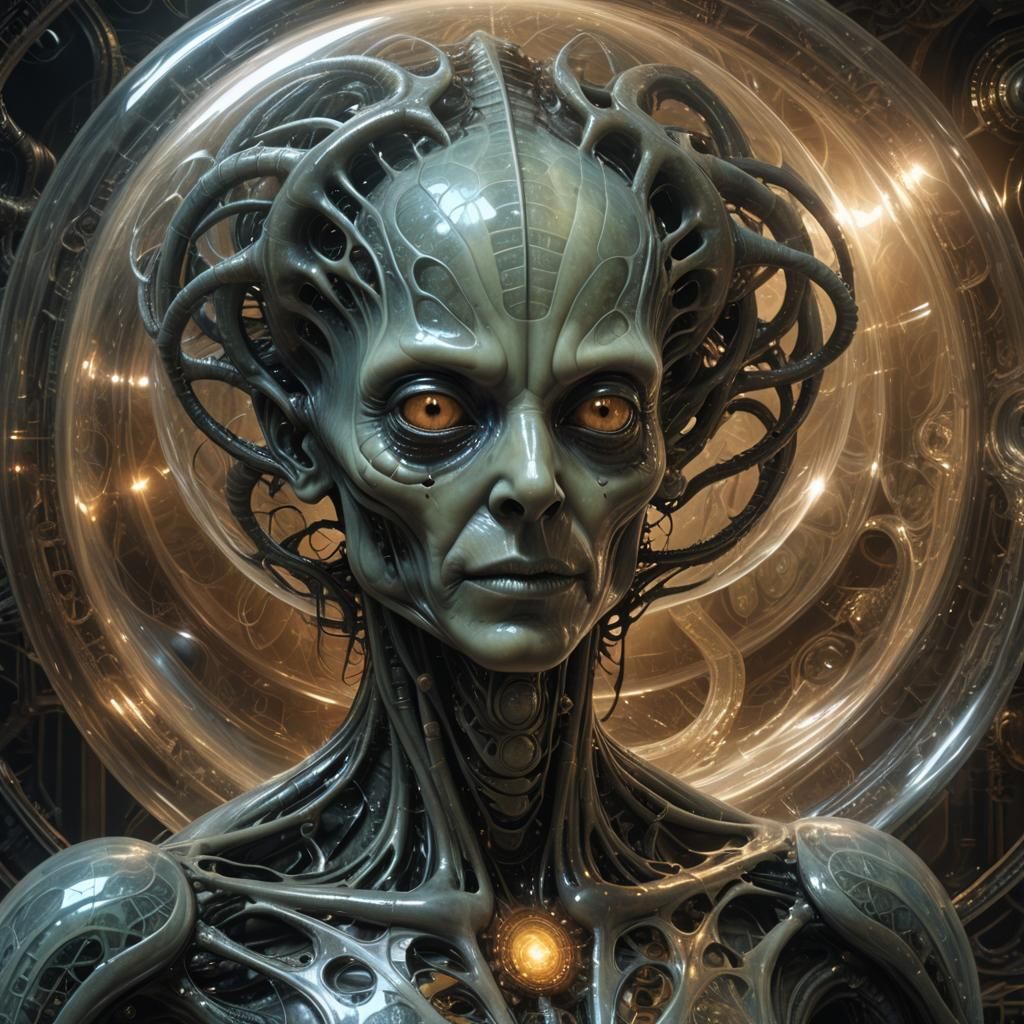 Alien Hologram Conversation in Surreal Sci-Fi Art