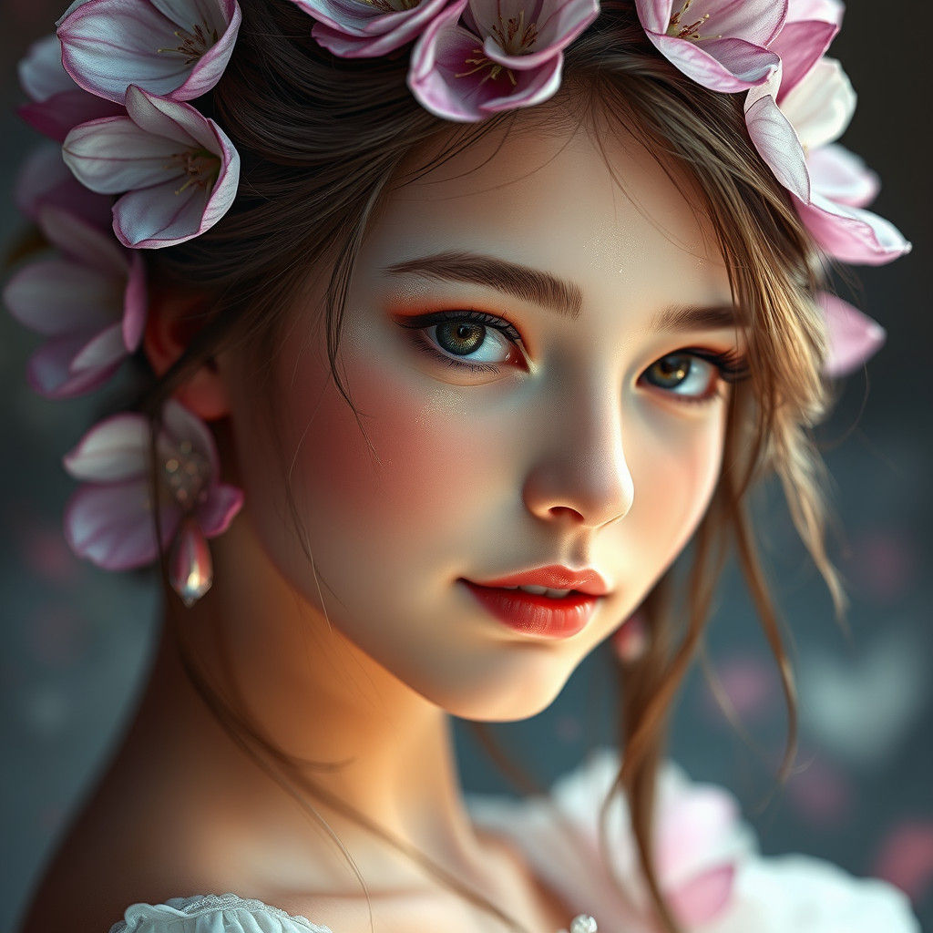 Ethereal Flower Girl Portrait in Digital Art Style