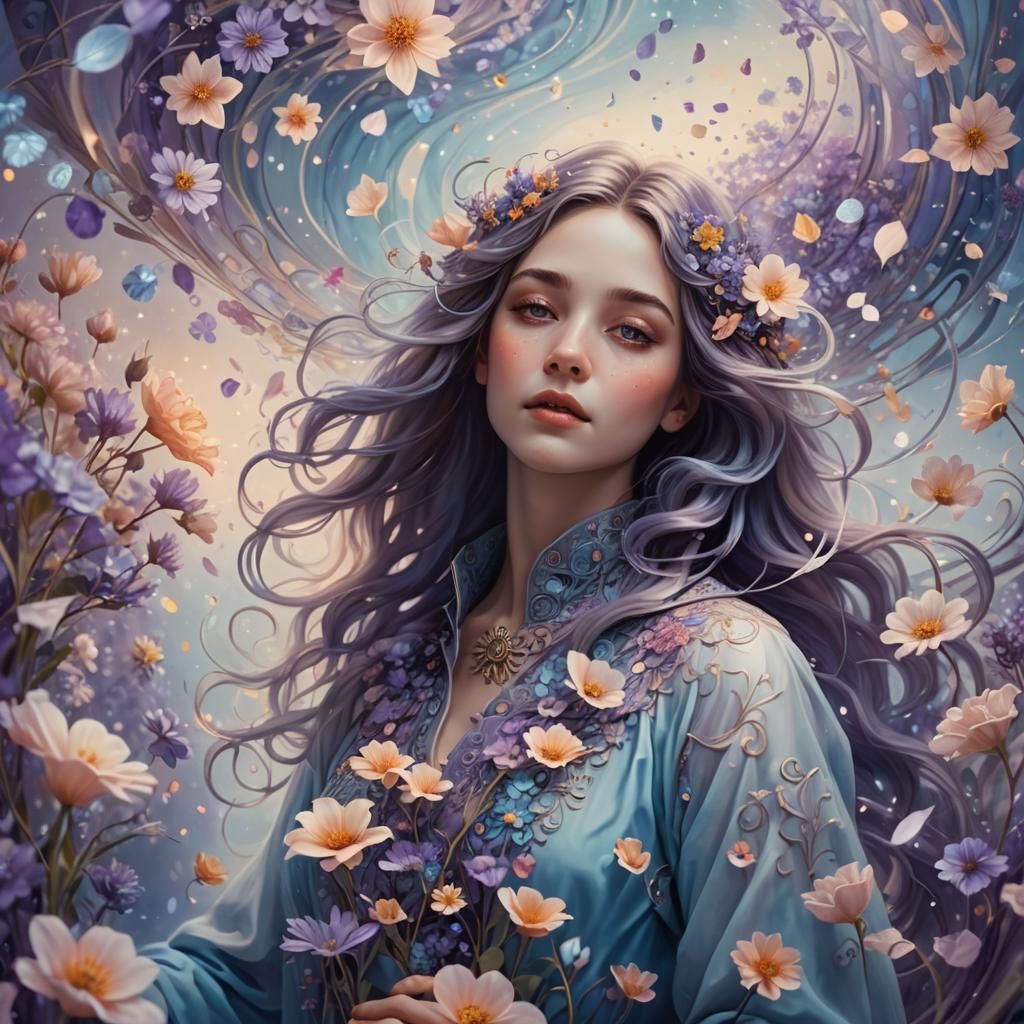 Ethereal Woman Blending Into Flowers, Art Nouveau