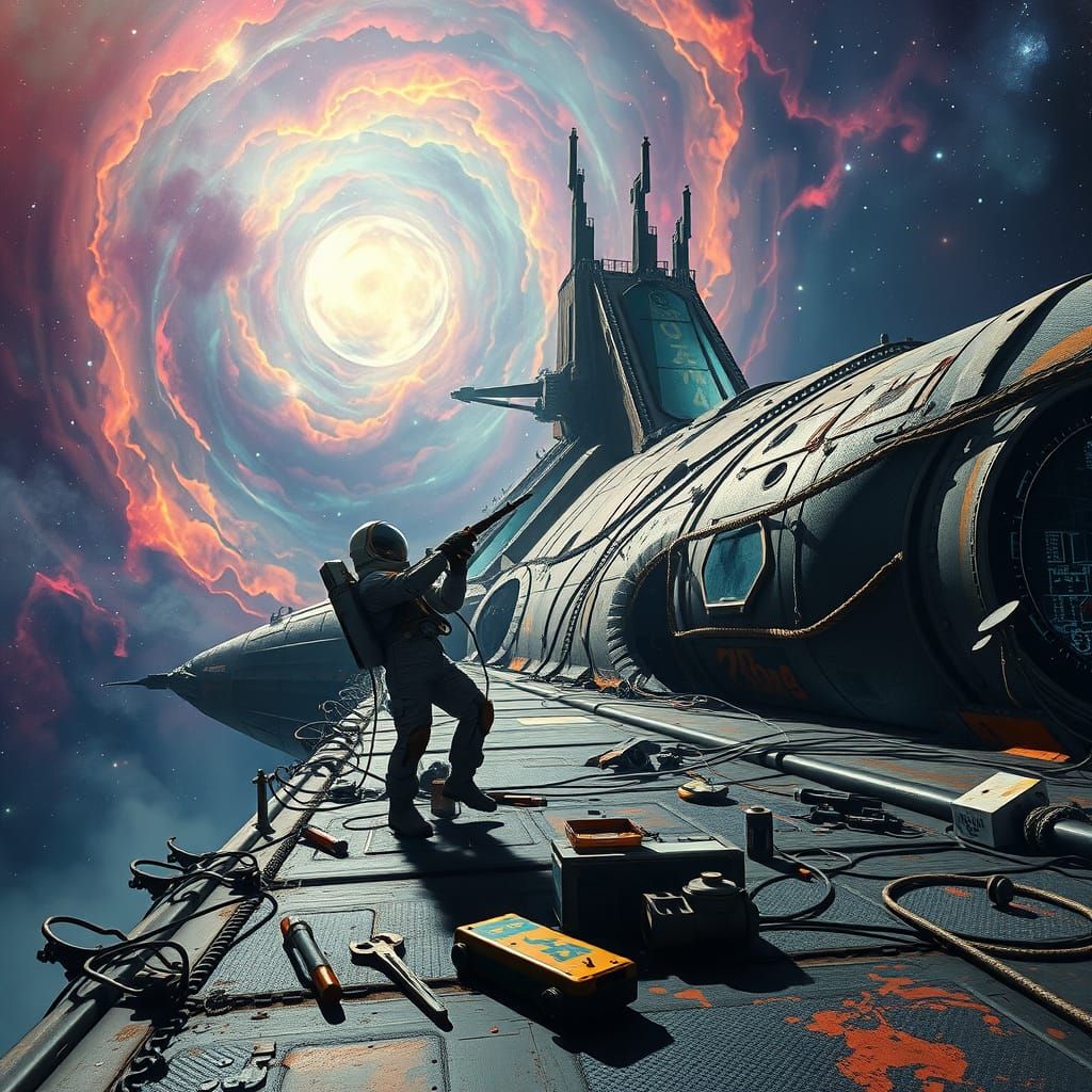 Astronaut Repairs Giant Spaceship in Nebula