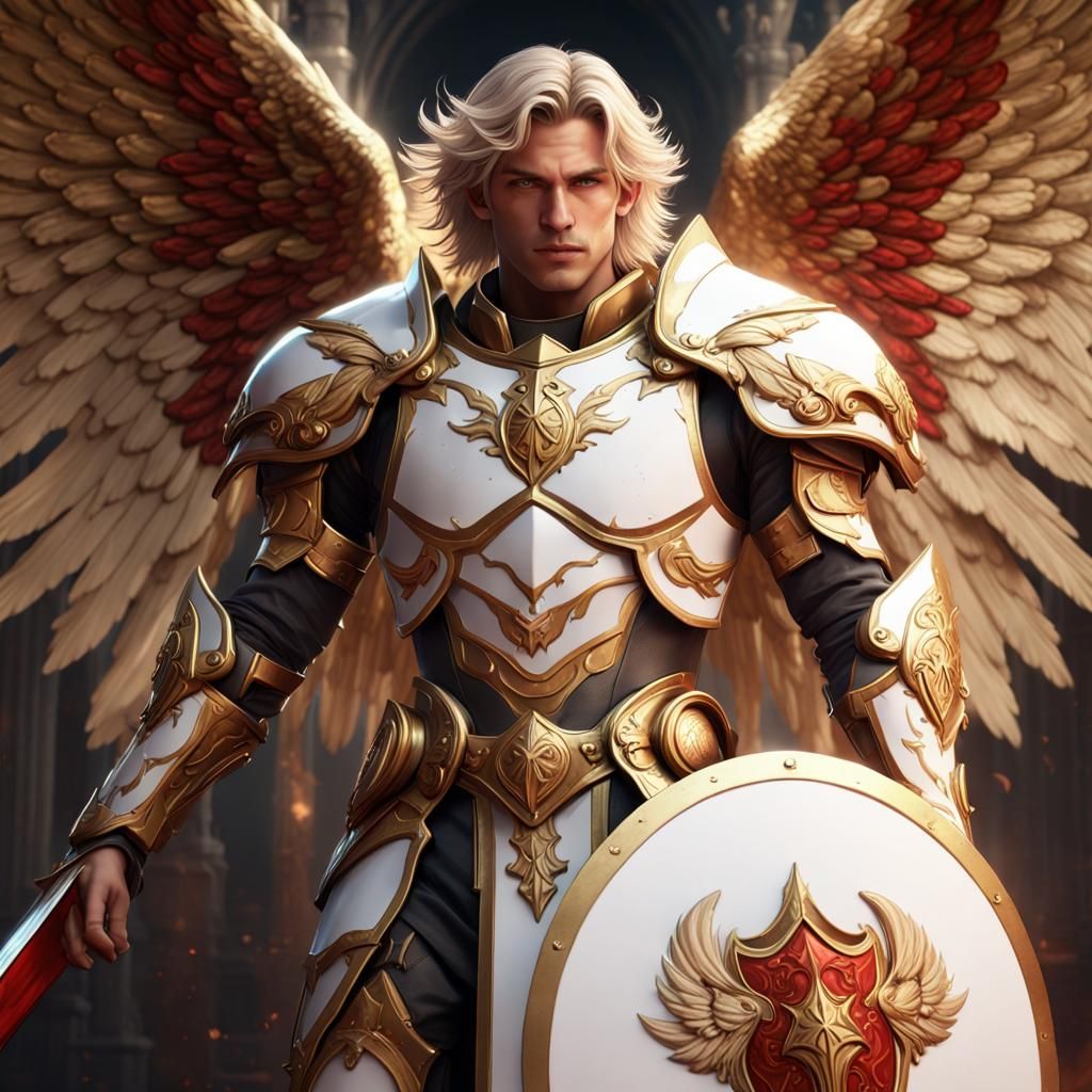 Male Paladin Angel with Gold Wings, Fantasy Art