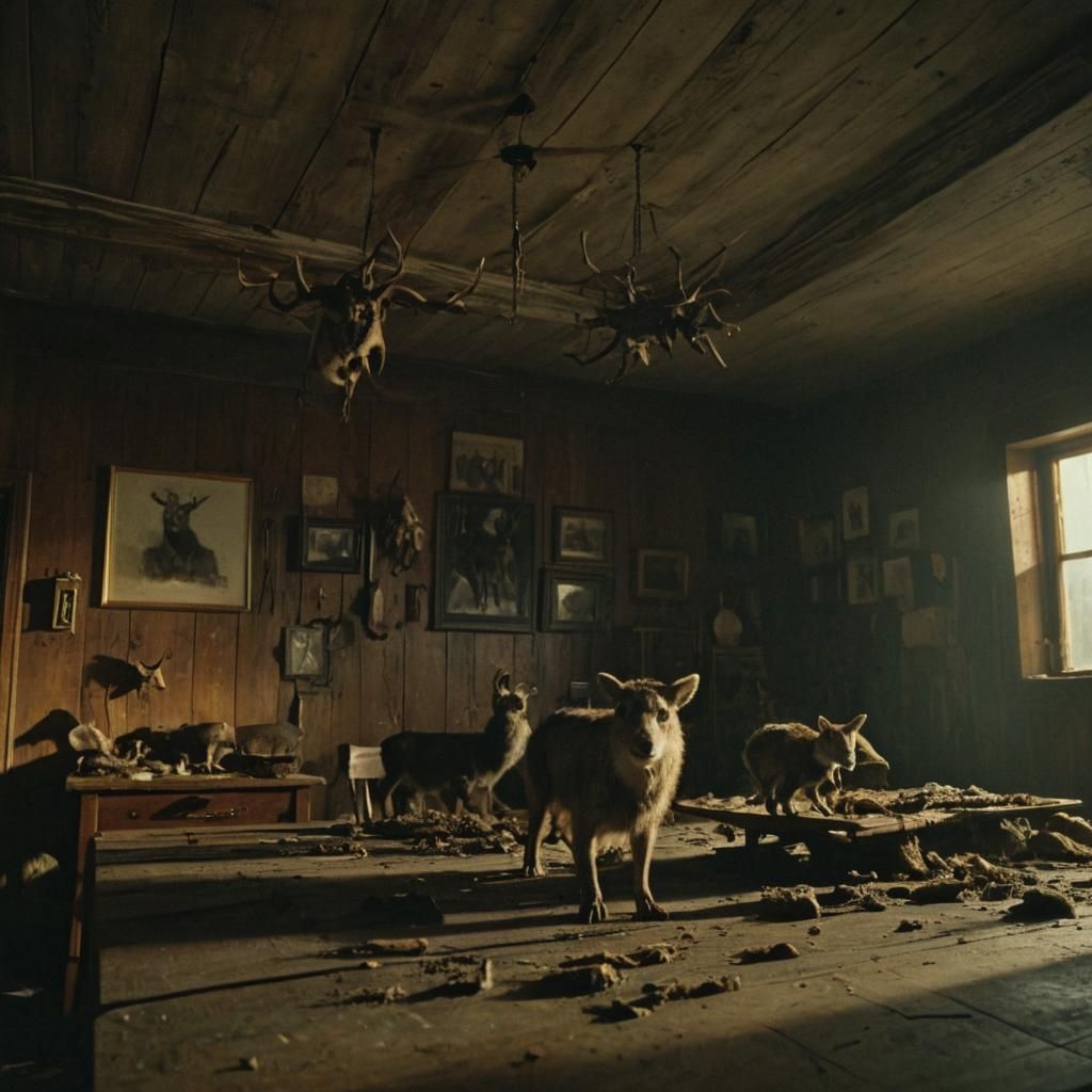 Abandoned room, mold on the walls, wooden table with old tax...