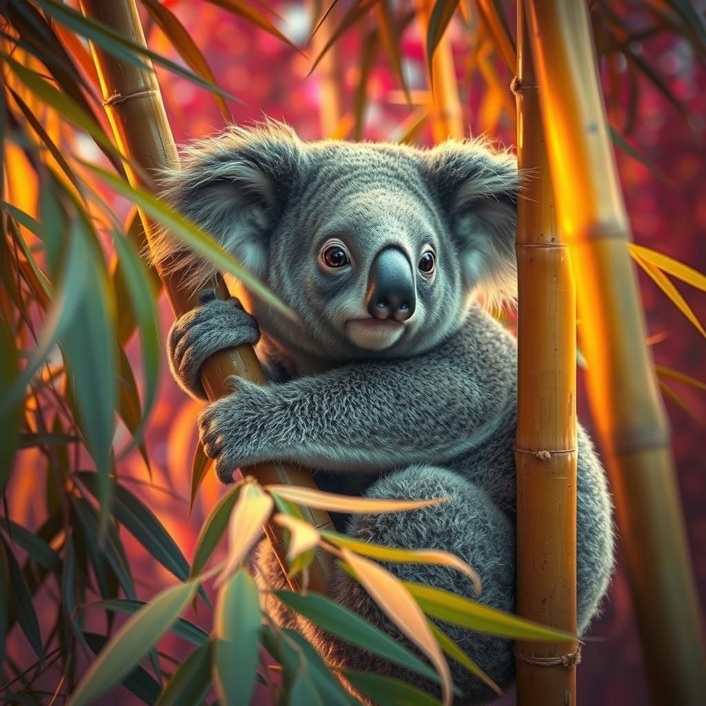 Hyperrealistic Koala in Bamboo Tree, Concept Art