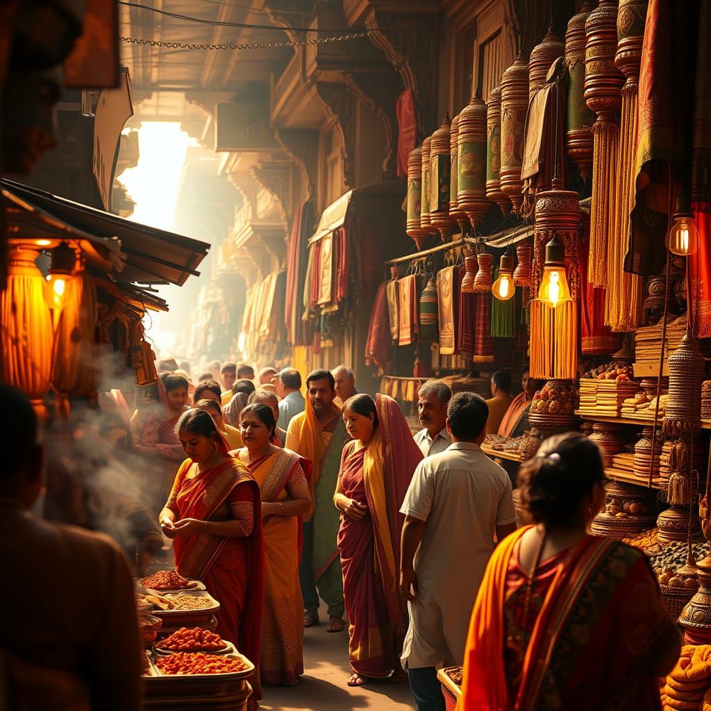 Vibrant Indian Market Scene in Golden Light