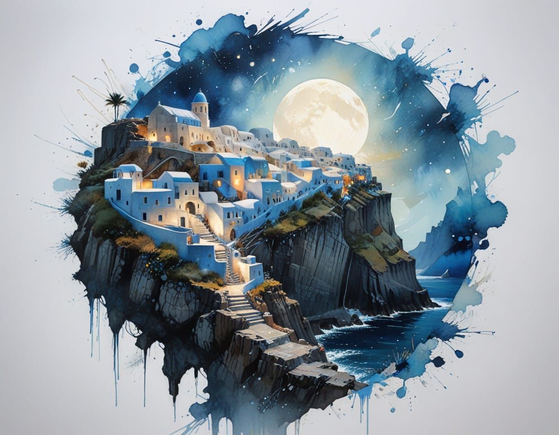 Santorini Village on Cliffs Under Starry Night Sky