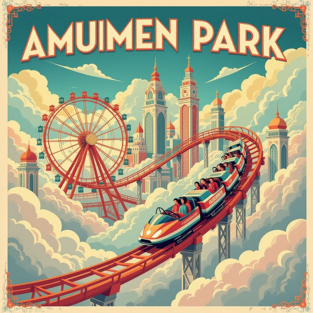 M.C. Escher Inspired Amusement Park in Vintage Poster Art