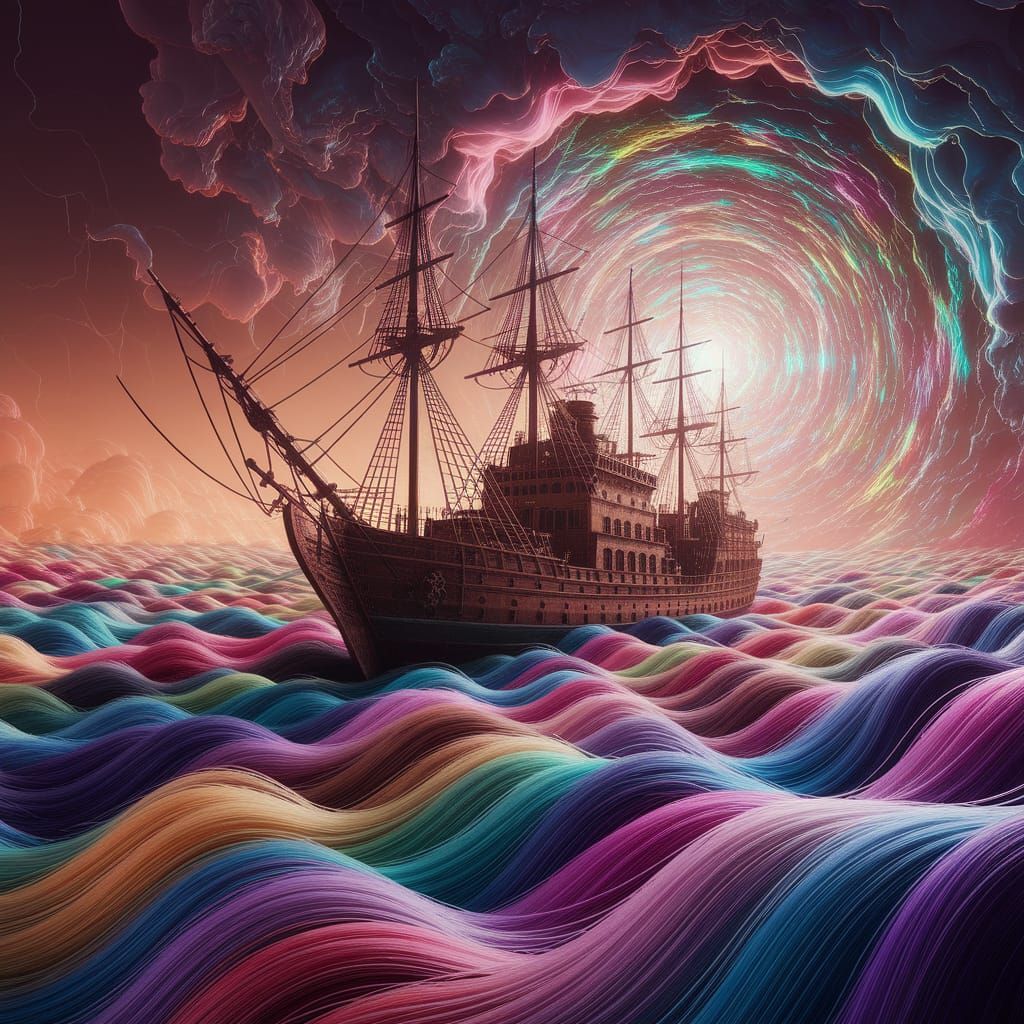 Cel-Shaded Ship Sails Through Swirling Hair in Dreamlike Sea...