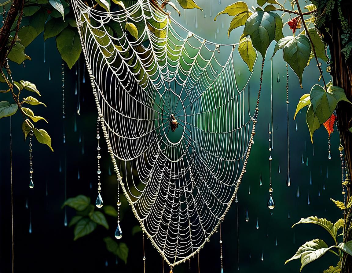 Hyperrealistic Spider Web with Raindrops