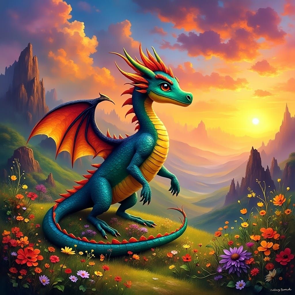 Fantasy Dragon Soars Over a Vibrant Sunset Valley in a Rough...