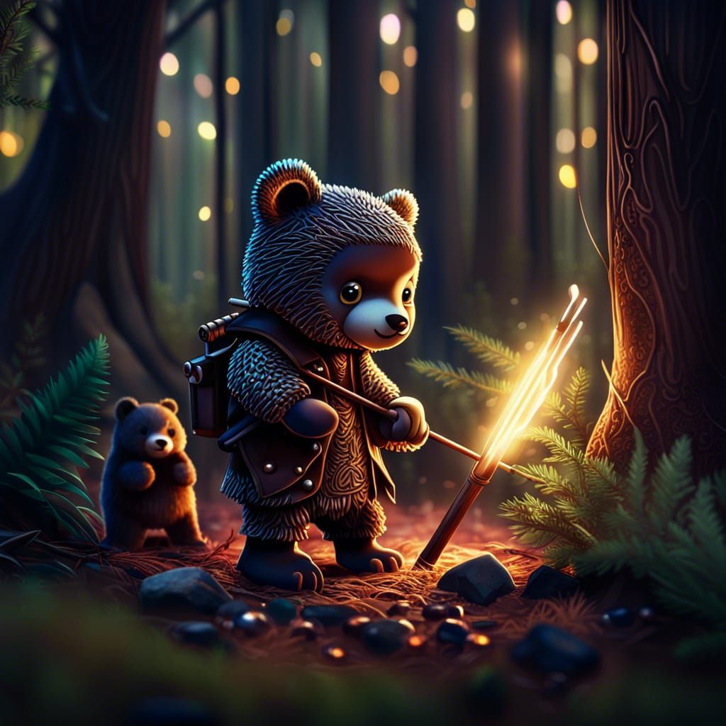 chibi huntsman poking a bear with a stick in a forest
