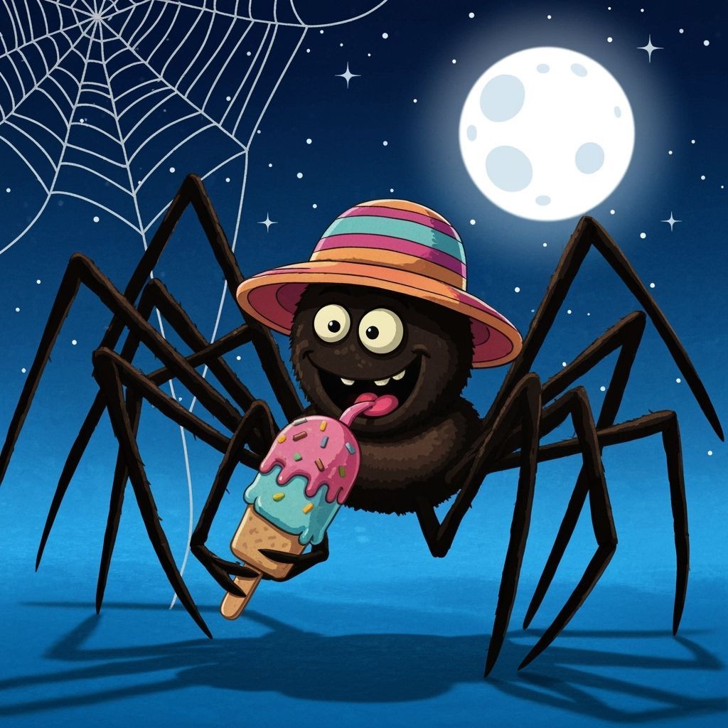 Cartoon Spider Enjoys Ice Cream Under Starry Sky