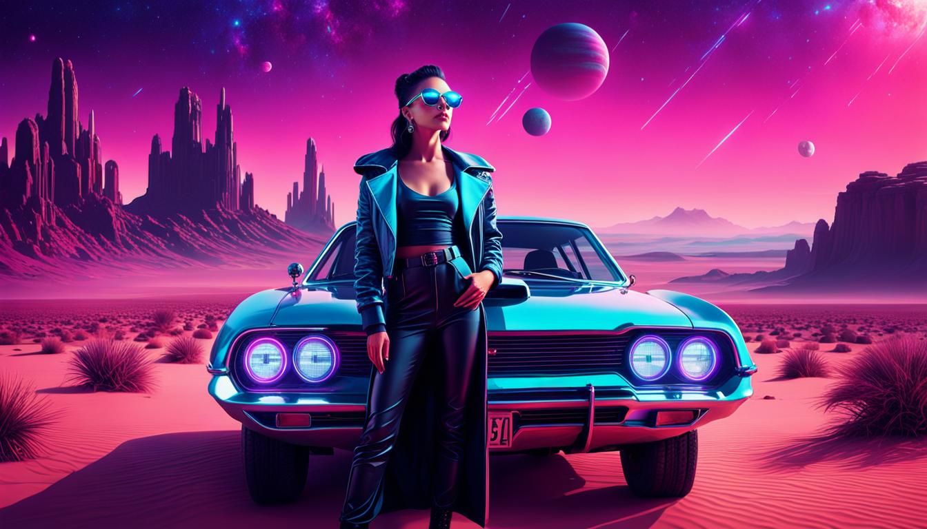 Synthwave Woman in Cyberpunk Desert Landscape