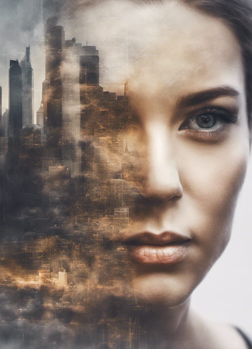 Double Exposure Portrait of Woman and Cityscape