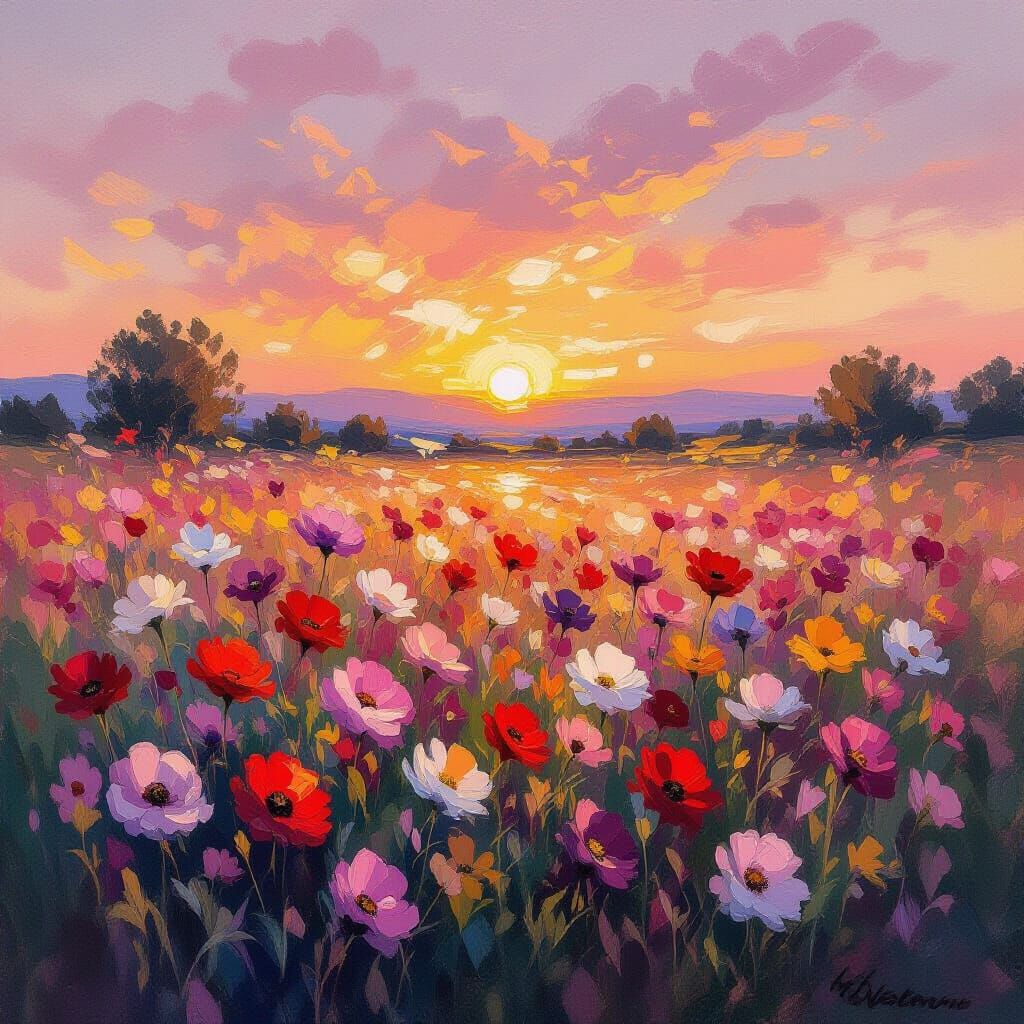 Impressionist Flowers Dissolve into Fiery Sunset Sky
