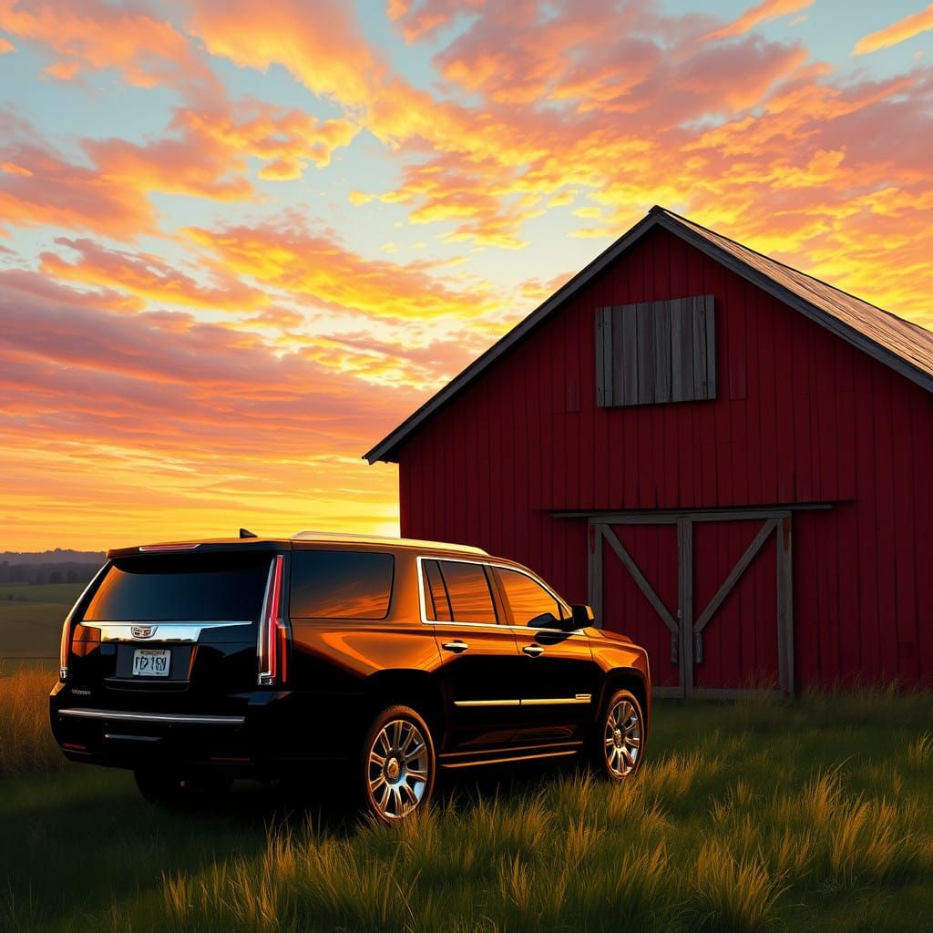 Luxury Car Beside Rustic Barn at Sunset