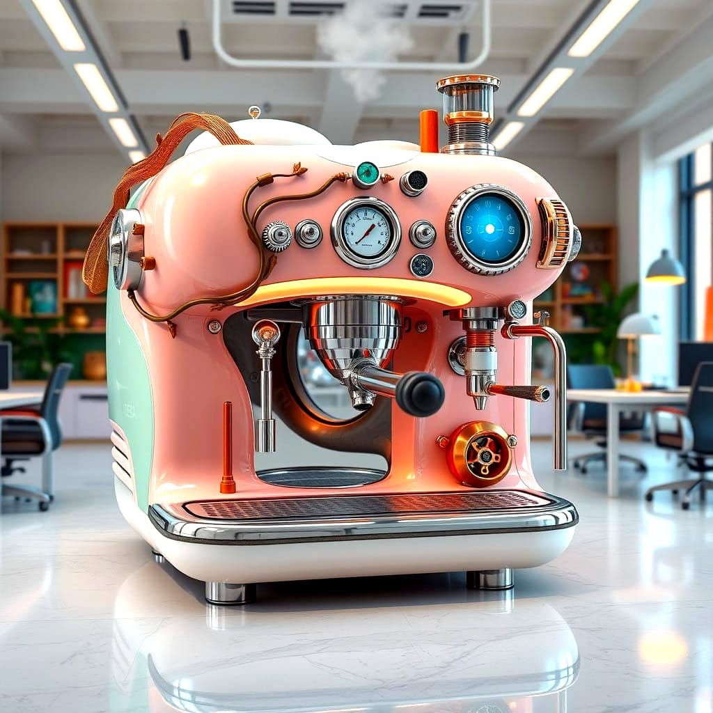 Vintage Futuristic Coffee Machine with Soft Edges and Pastel...