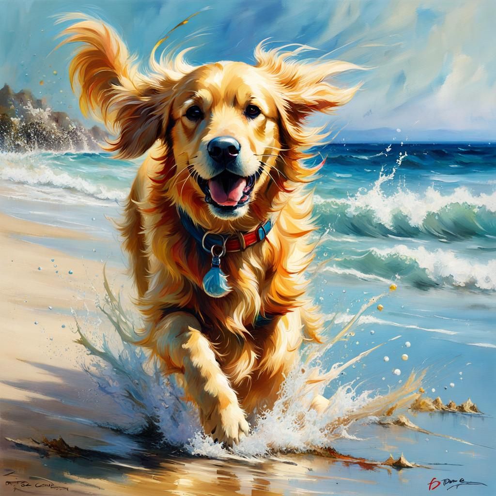 Golden Retriever Beach Run: Oil Painting Style