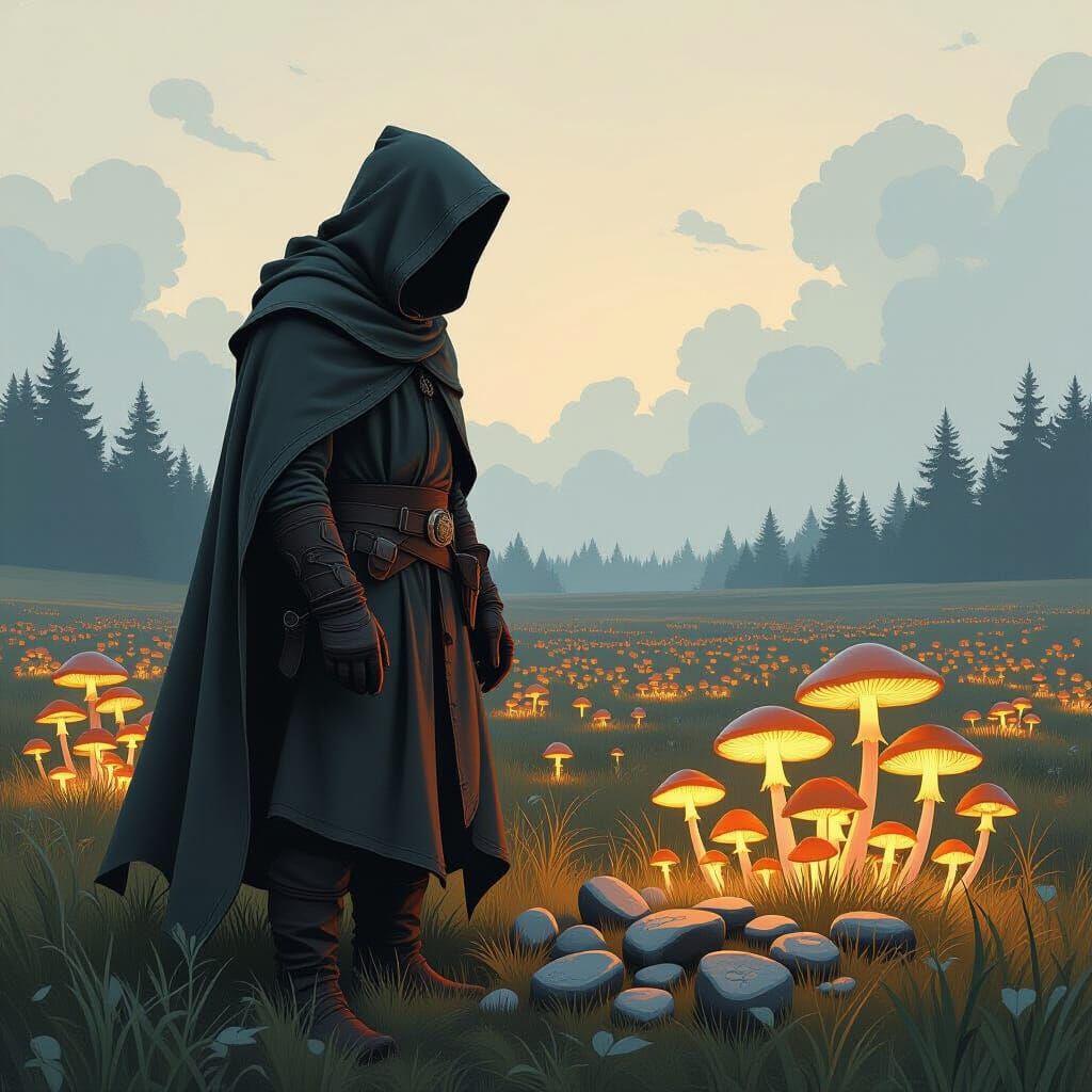 Mystical Druid in Glowing Mushroom Field