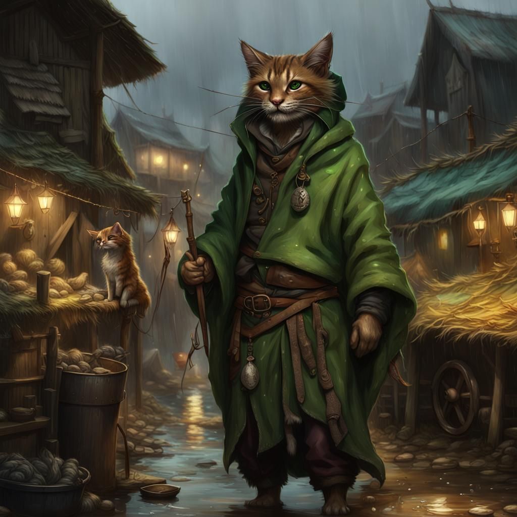 Tabaxi Trader in Rainy Fishing Village, Dark Fantasy Art